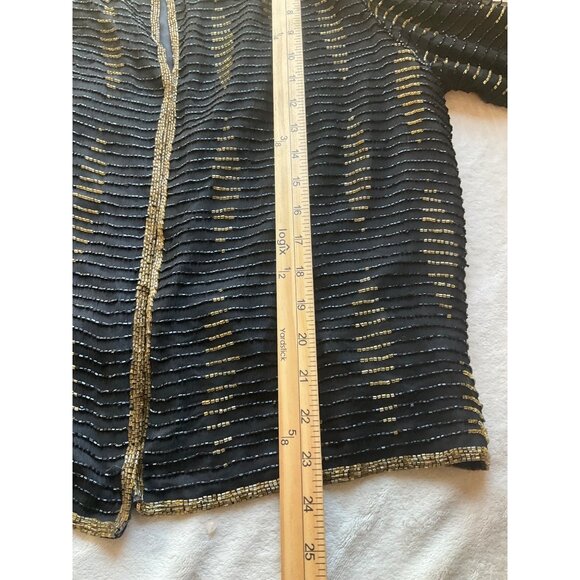 Leslie Fay Evenings Sz Medium-Large Beaded Formal Jacket Black & Gold Silk 90's - Picture 9 of 13